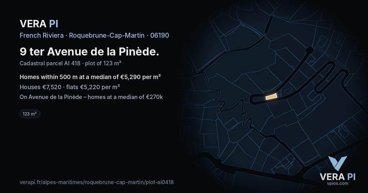 9 ter Avenue de la Pinède, Roquebrune-Cap-Martin at night – the plot lit, the parcels around coloured by the prices near them