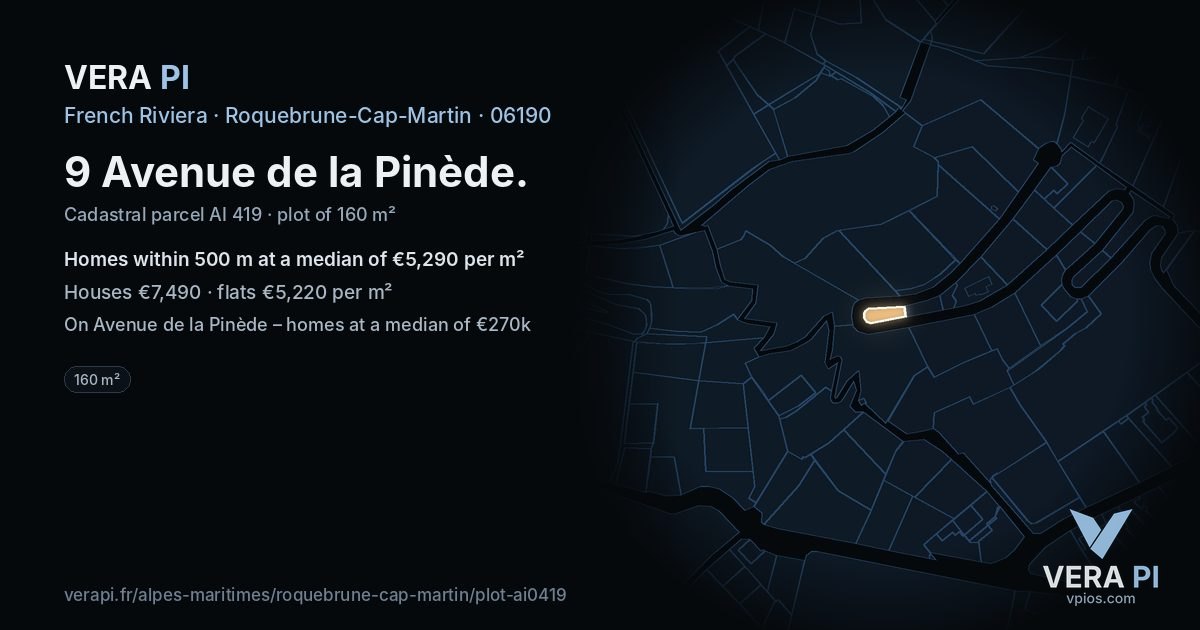 9 Avenue de la Pinède, Roquebrune-Cap-Martin at night – the plot lit, the parcels around coloured by the prices near them