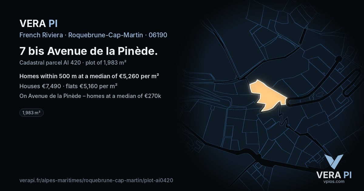 7 bis Avenue de la Pinède, Roquebrune-Cap-Martin at night – the plot lit, the parcels around coloured by the prices near them