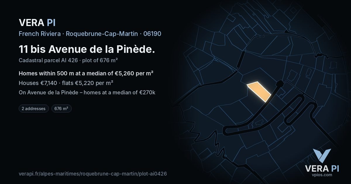 11 bis Avenue de la Pinède, Roquebrune-Cap-Martin at night – the plot lit, the parcels around coloured by the prices near them