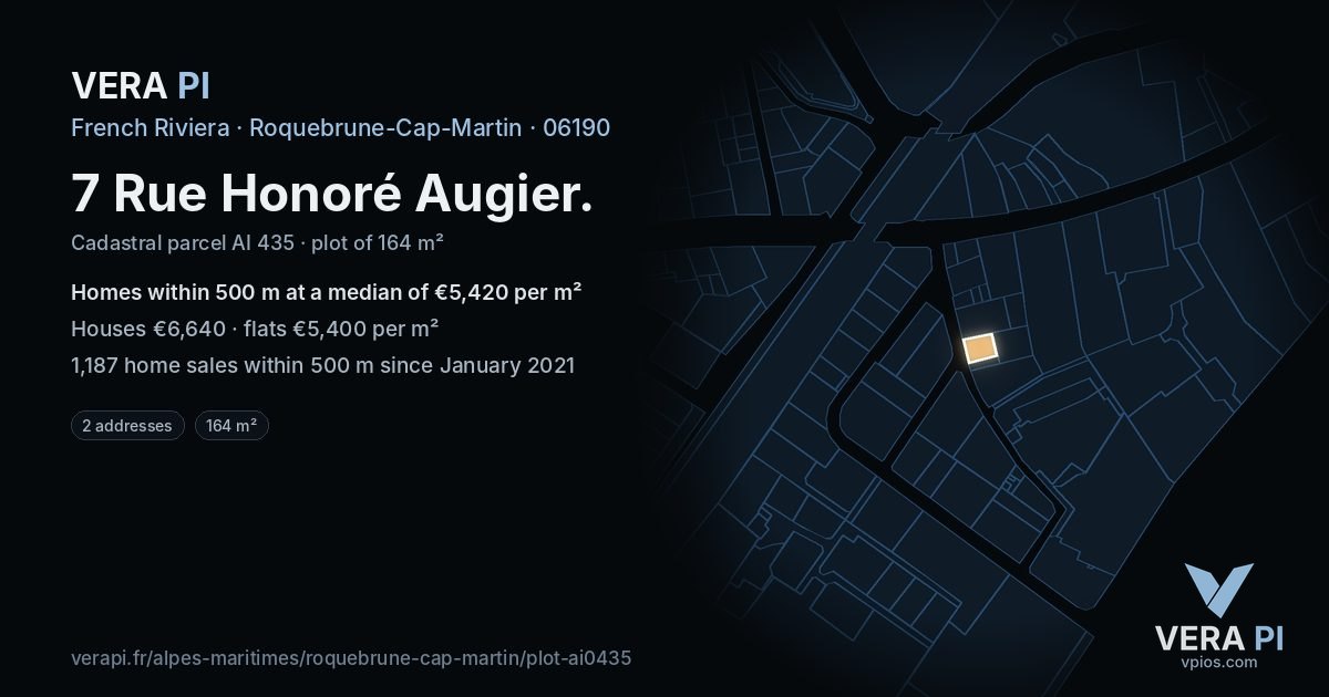 7 Rue Honoré Augier, Roquebrune-Cap-Martin at night – the plot lit, the parcels around coloured by the prices near them
