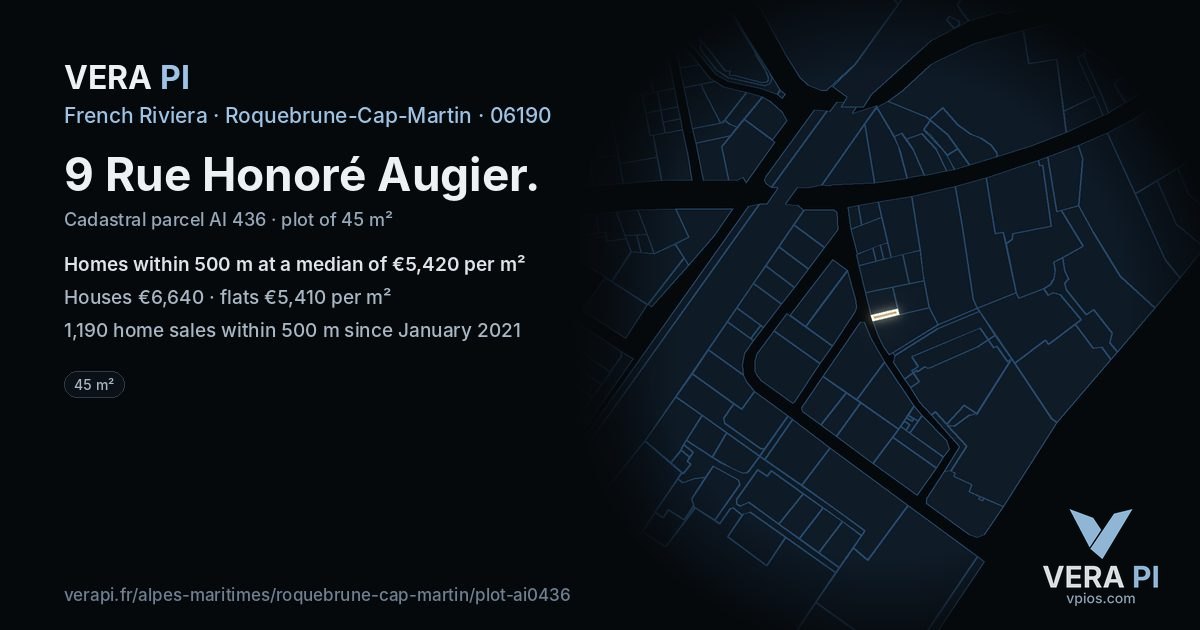 9 Rue Honoré Augier, Roquebrune-Cap-Martin at night – the plot lit, the parcels around coloured by the prices near them