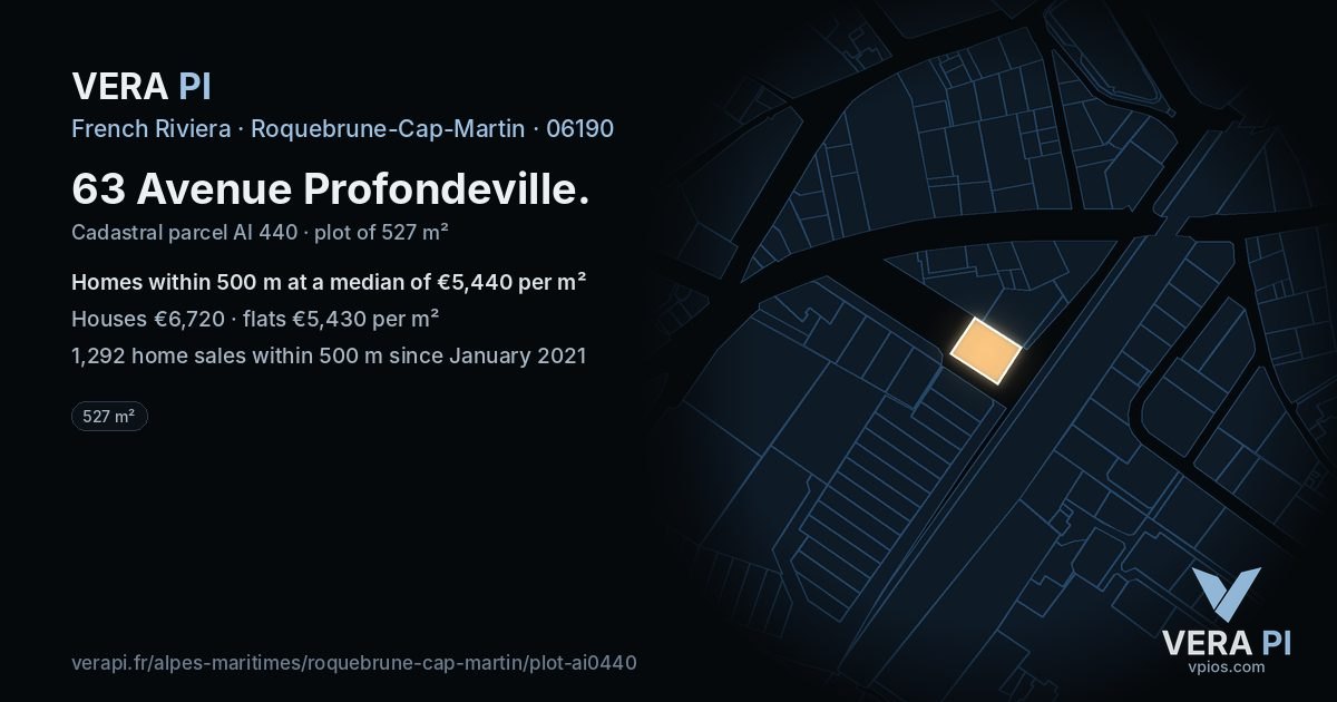63 Avenue Profondeville, Roquebrune-Cap-Martin at night – the plot lit, the parcels around coloured by the prices near them