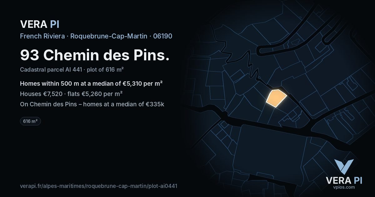 93 Chemin des Pins, Roquebrune-Cap-Martin at night – the plot lit, the parcels around coloured by the prices near them
