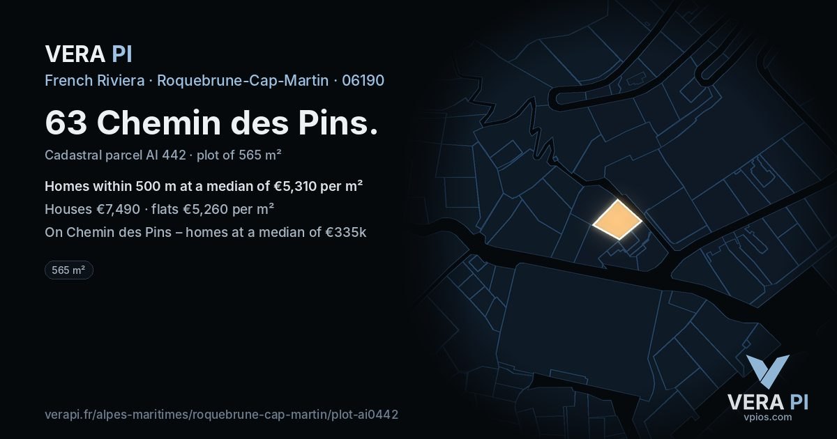 63 Chemin des Pins, Roquebrune-Cap-Martin at night – the plot lit, the parcels around coloured by the prices near them