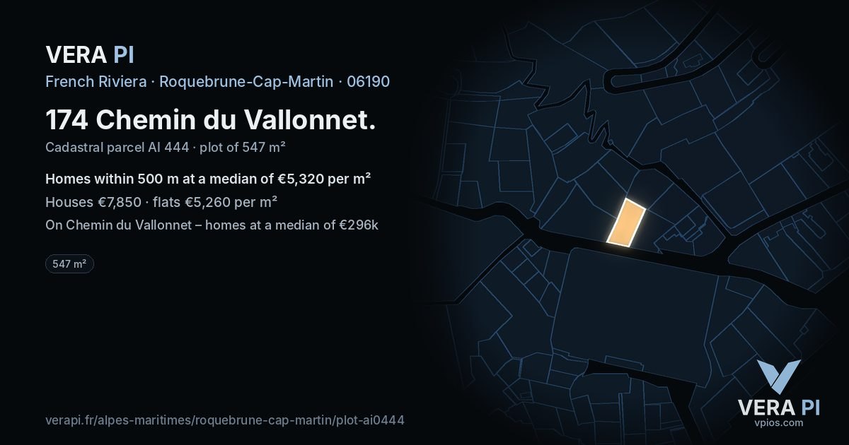 174 Chemin du Vallonnet, Roquebrune-Cap-Martin at night – the plot lit, the parcels around coloured by the prices near them