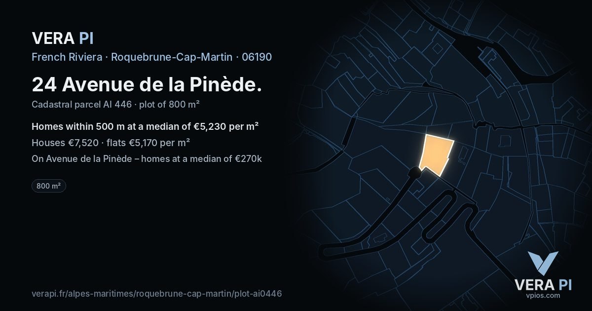 24 Avenue de la Pinède, Roquebrune-Cap-Martin at night – the plot lit, the parcels around coloured by the prices near them