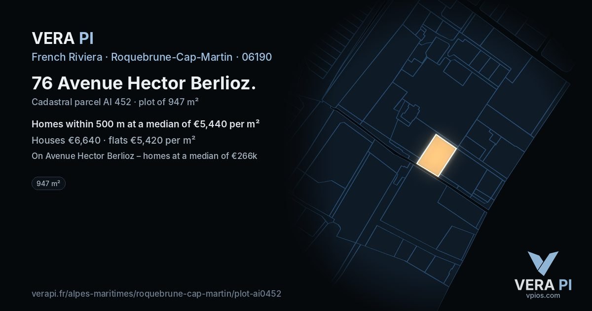 76 Avenue Hector Berlioz, Roquebrune-Cap-Martin at night – the plot lit, the parcels around coloured by the prices near them