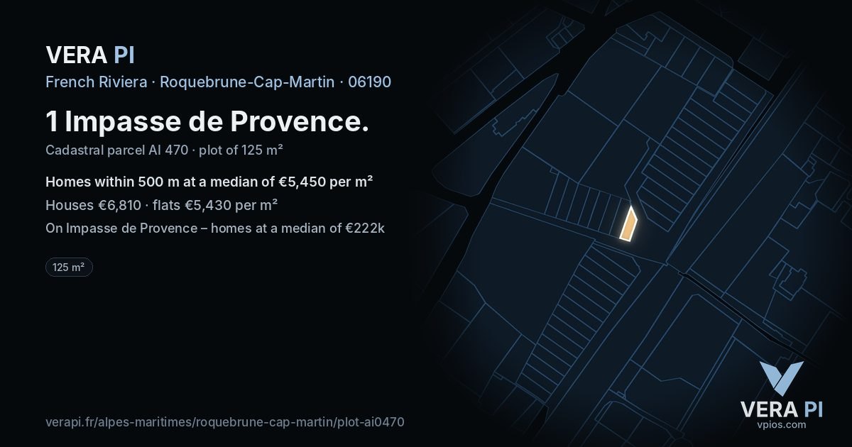 1 Impasse de Provence, Roquebrune-Cap-Martin at night – the plot lit, the parcels around coloured by the prices near them