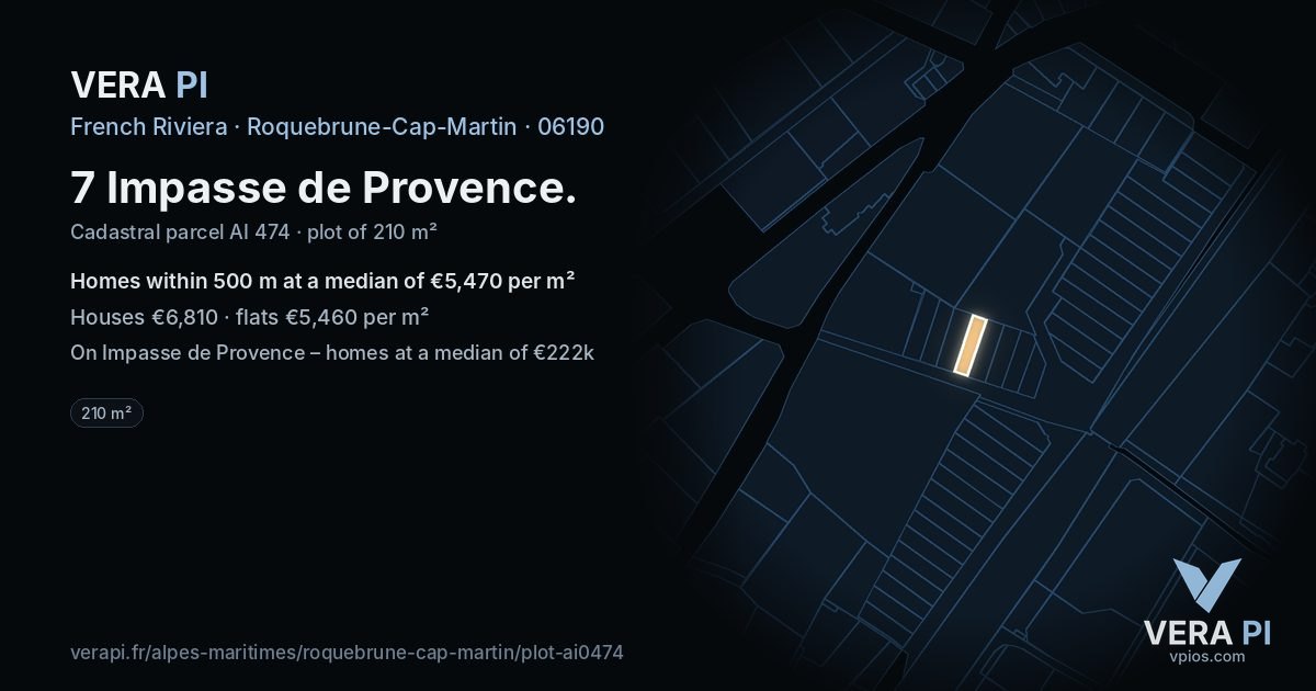 7 Impasse de Provence, Roquebrune-Cap-Martin at night – the plot lit, the parcels around coloured by the prices near them