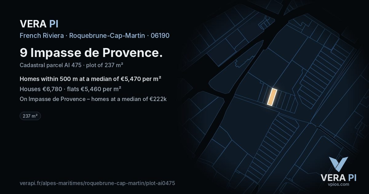 9 Impasse de Provence, Roquebrune-Cap-Martin at night – the plot lit, the parcels around coloured by the prices near them