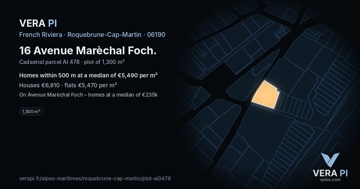 16 Avenue Marèchal Foch, Roquebrune-Cap-Martin at night – the plot lit, the parcels around coloured by the prices near them