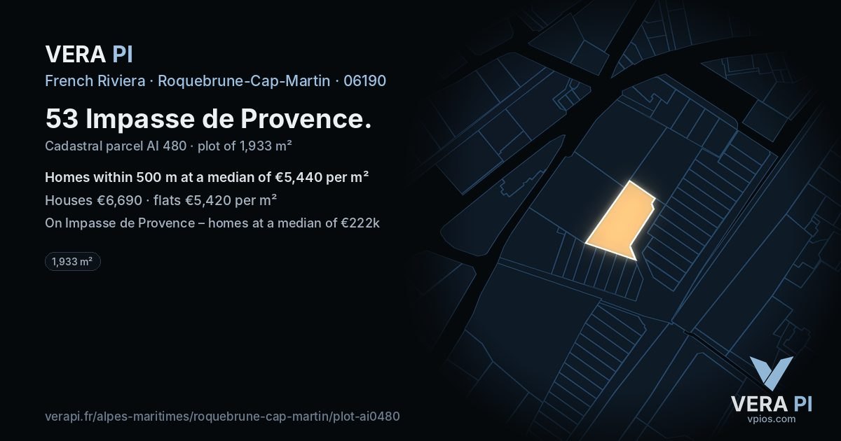 53 Impasse de Provence, Roquebrune-Cap-Martin at night – the plot lit, the parcels around coloured by the prices near them