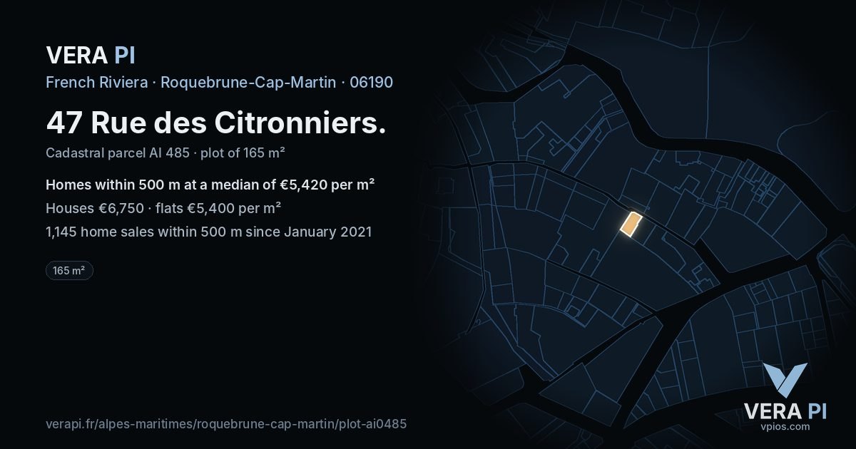 47 Rue des Citronniers, Roquebrune-Cap-Martin at night – the plot lit, the parcels around coloured by the prices near them