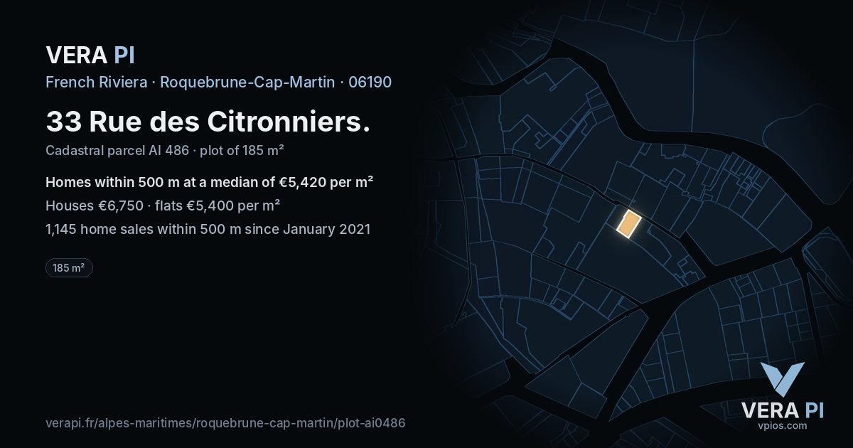 33 Rue des Citronniers, Roquebrune-Cap-Martin at night – the plot lit, the parcels around coloured by the prices near them