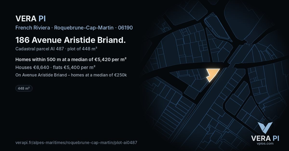 186 Avenue Aristide Briand, Roquebrune-Cap-Martin at night – the plot lit, the parcels around coloured by the prices near them