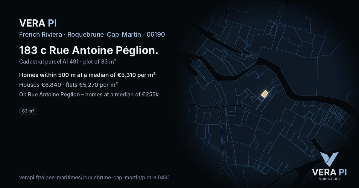 183 c Rue Antoine Péglion, Roquebrune-Cap-Martin at night – the plot lit, the parcels around coloured by the prices near them