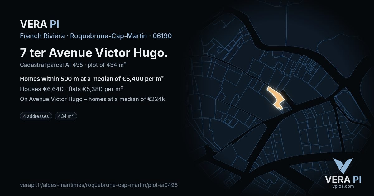 7 ter Avenue Victor Hugo, Roquebrune-Cap-Martin at night – the plot lit, the parcels around coloured by the prices near them
