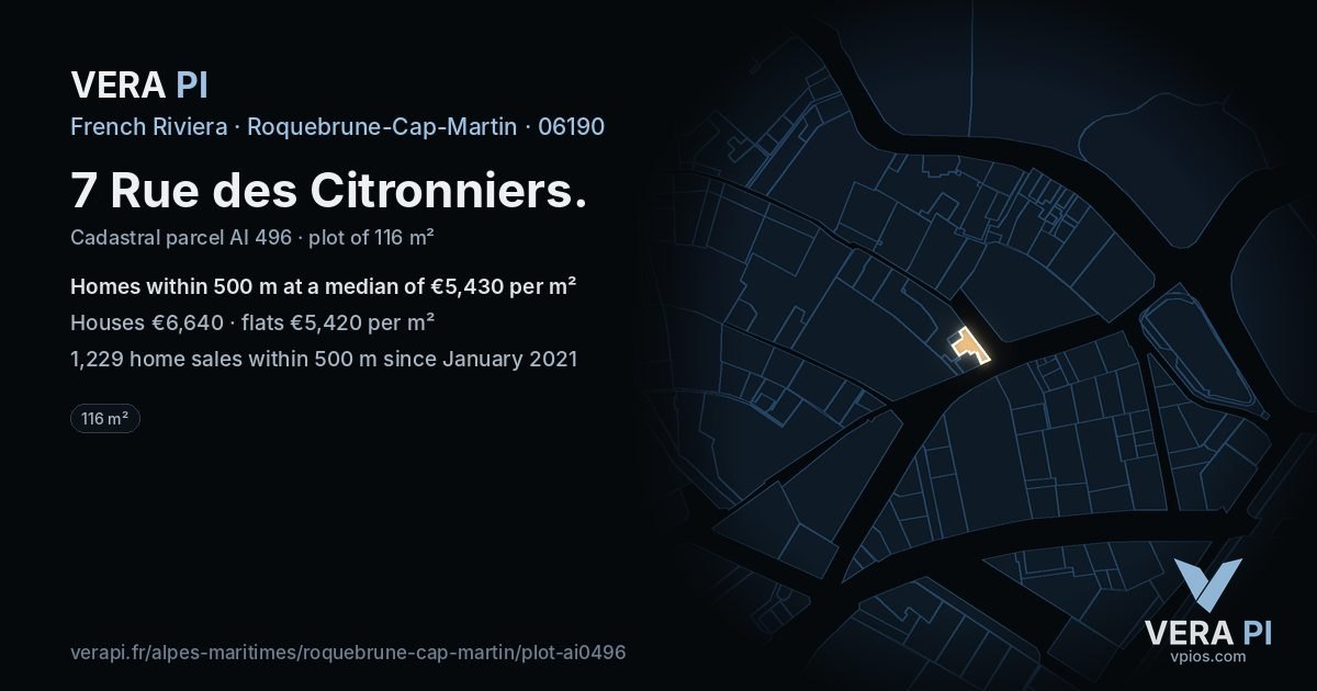 7 Rue des Citronniers, Roquebrune-Cap-Martin at night – the plot lit, the parcels around coloured by the prices near them