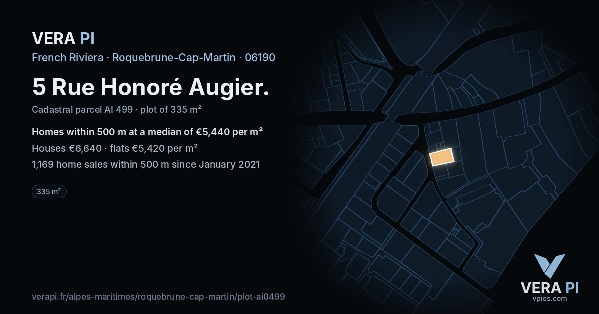 5 Rue Honoré Augier, Roquebrune-Cap-Martin at night – the plot lit, the parcels around coloured by the prices near them