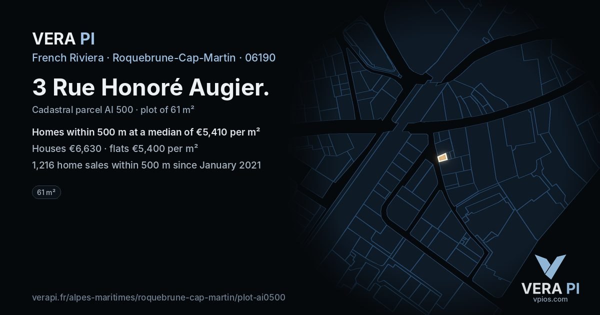 3 Rue Honoré Augier, Roquebrune-Cap-Martin at night – the plot lit, the parcels around coloured by the prices near them