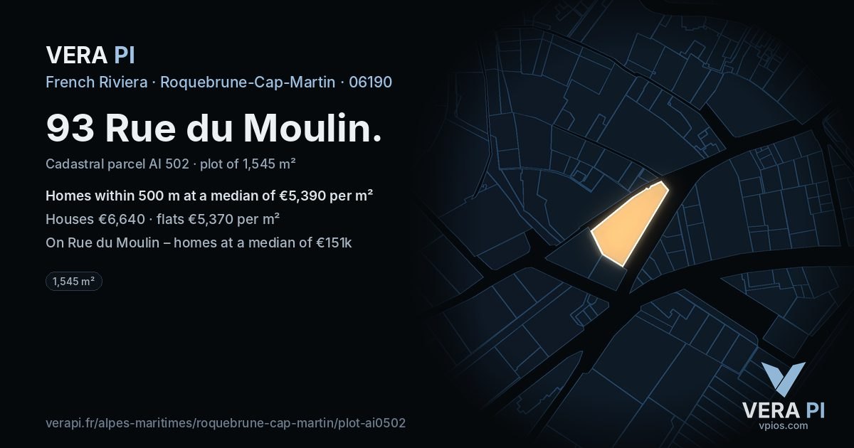 93 Rue du Moulin, Roquebrune-Cap-Martin at night – the plot lit, the parcels around coloured by the prices near them