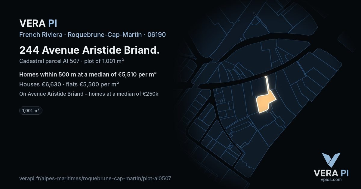 244 Avenue Aristide Briand, Roquebrune-Cap-Martin at night – the plot lit, the parcels around coloured by the prices near them