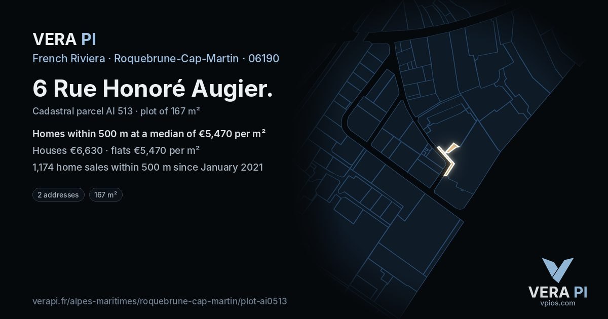 6 Rue Honoré Augier, Roquebrune-Cap-Martin at night – the plot lit, the parcels around coloured by the prices near them