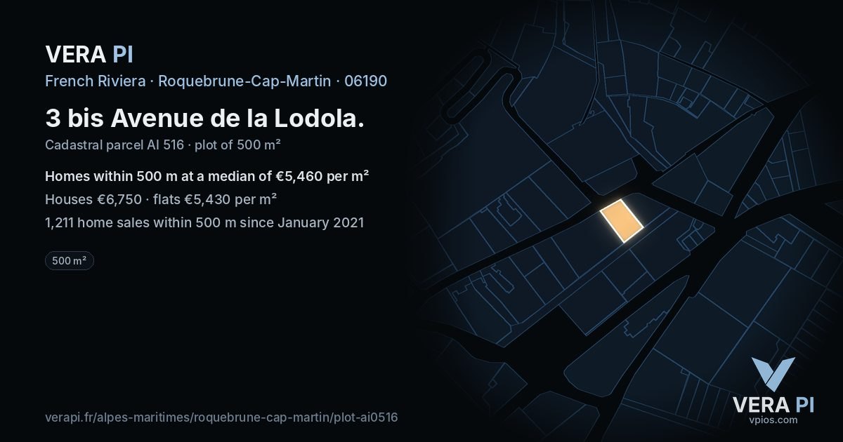 3 bis Avenue de la Lodola, Roquebrune-Cap-Martin at night – the plot lit, the parcels around coloured by the prices near them