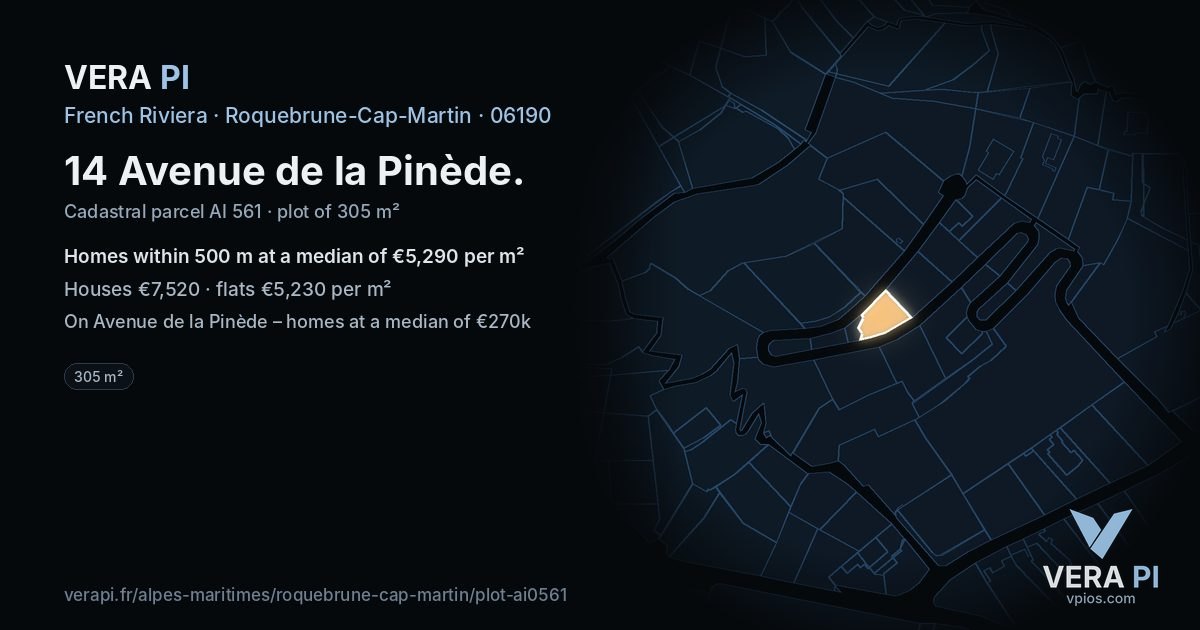 14 Avenue de la Pinède, Roquebrune-Cap-Martin at night – the plot lit, the parcels around coloured by the prices near them