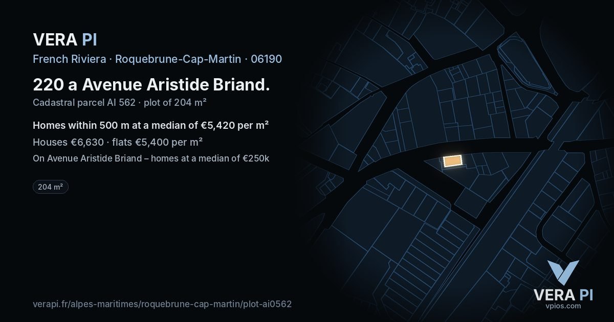 220 a Avenue Aristide Briand, Roquebrune-Cap-Martin at night – the plot lit, the parcels around coloured by the prices near them