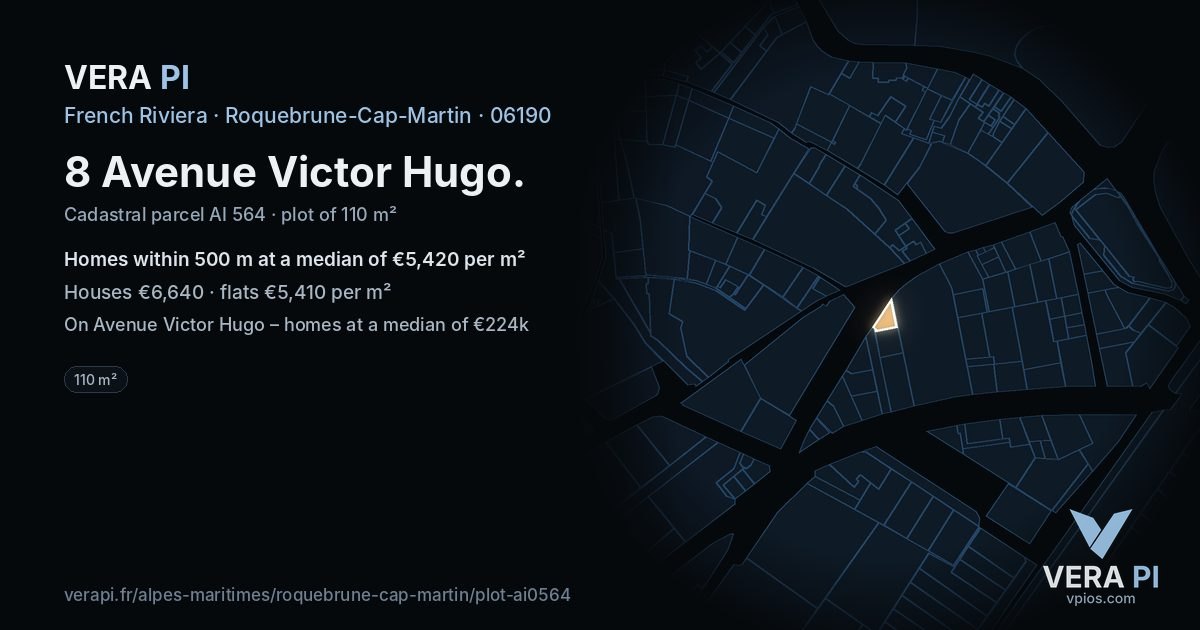 8 Avenue Victor Hugo, Roquebrune-Cap-Martin at night – the plot lit, the parcels around coloured by the prices near them