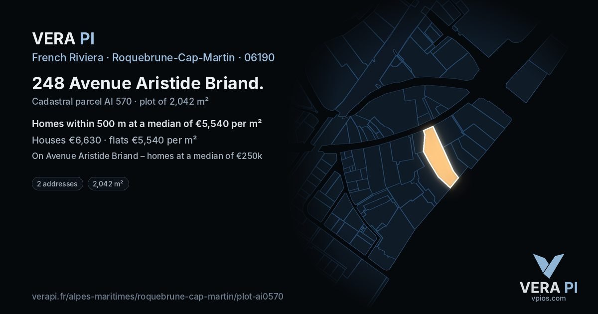 248 Avenue Aristide Briand, Roquebrune-Cap-Martin at night – the plot lit, the parcels around coloured by the prices near them