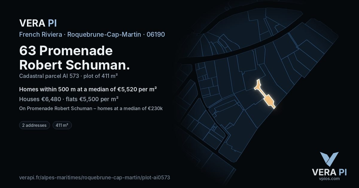 63 Promenade Robert Schuman, Roquebrune-Cap-Martin at night – the plot lit, the parcels around coloured by the prices near them