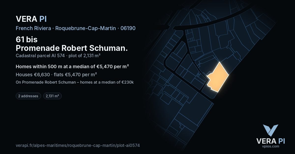 61 bis Promenade Robert Schuman, Roquebrune-Cap-Martin at night – the plot lit, the parcels around coloured by the prices near them
