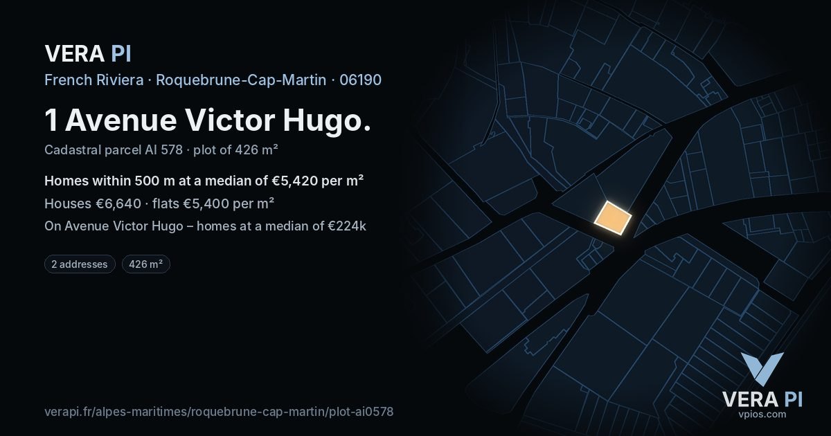 1 Avenue Victor Hugo, Roquebrune-Cap-Martin at night – the plot lit, the parcels around coloured by the prices near them