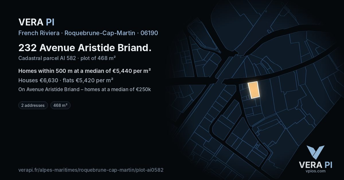 232 Avenue Aristide Briand, Roquebrune-Cap-Martin at night – the plot lit, the parcels around coloured by the prices near them