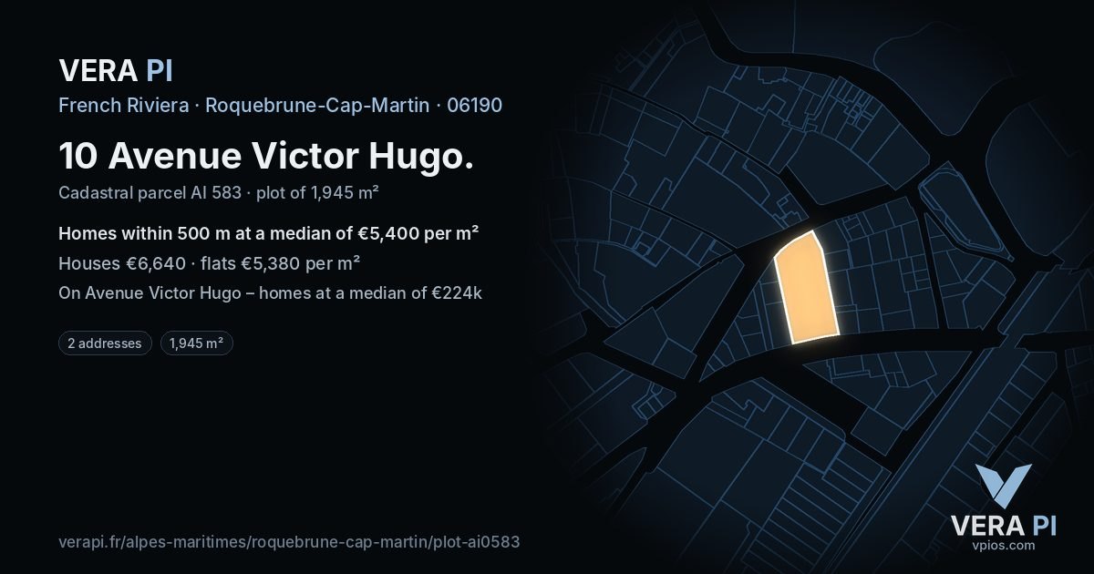 10 Avenue Victor Hugo, Roquebrune-Cap-Martin at night – the plot lit, the parcels around coloured by the prices near them