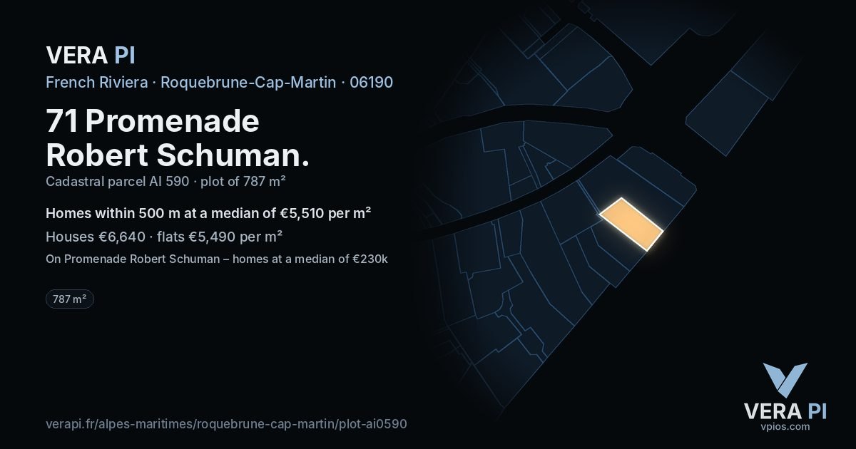 71 Promenade Robert Schuman, Roquebrune-Cap-Martin at night – the plot lit, the parcels around coloured by the prices near them