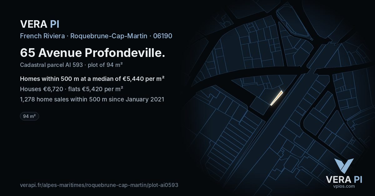 65 Avenue Profondeville, Roquebrune-Cap-Martin at night – the plot lit, the parcels around coloured by the prices near them