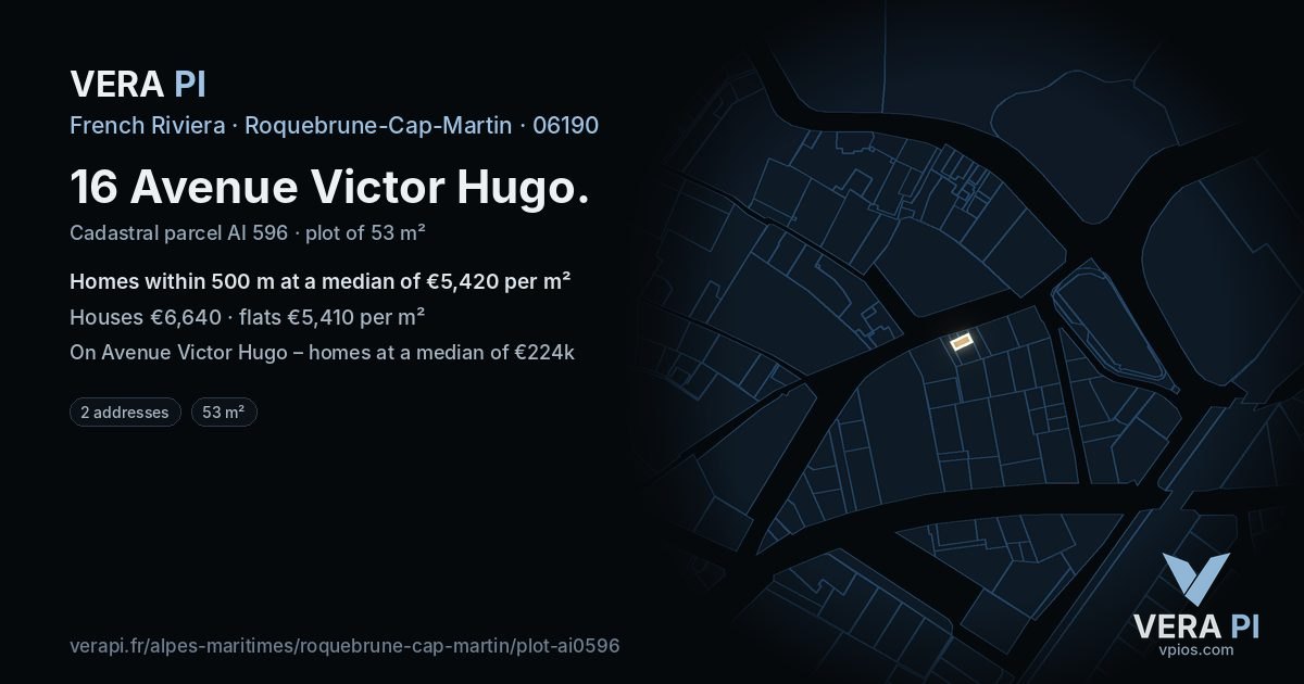 16 Avenue Victor Hugo, Roquebrune-Cap-Martin at night – the plot lit, the parcels around coloured by the prices near them