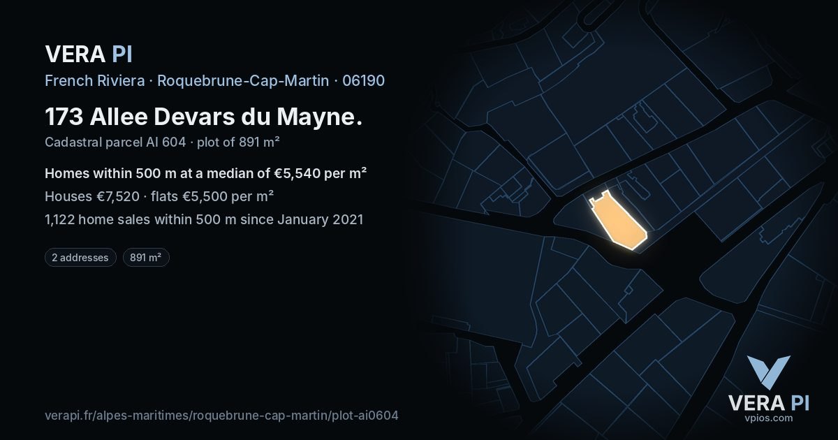 173 Allee Devars du Mayne, Roquebrune-Cap-Martin at night – the plot lit, the parcels around coloured by the prices near them