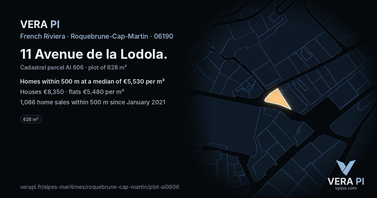 11 Avenue de la Lodola, Roquebrune-Cap-Martin at night – the plot lit, the parcels around coloured by the prices near them
