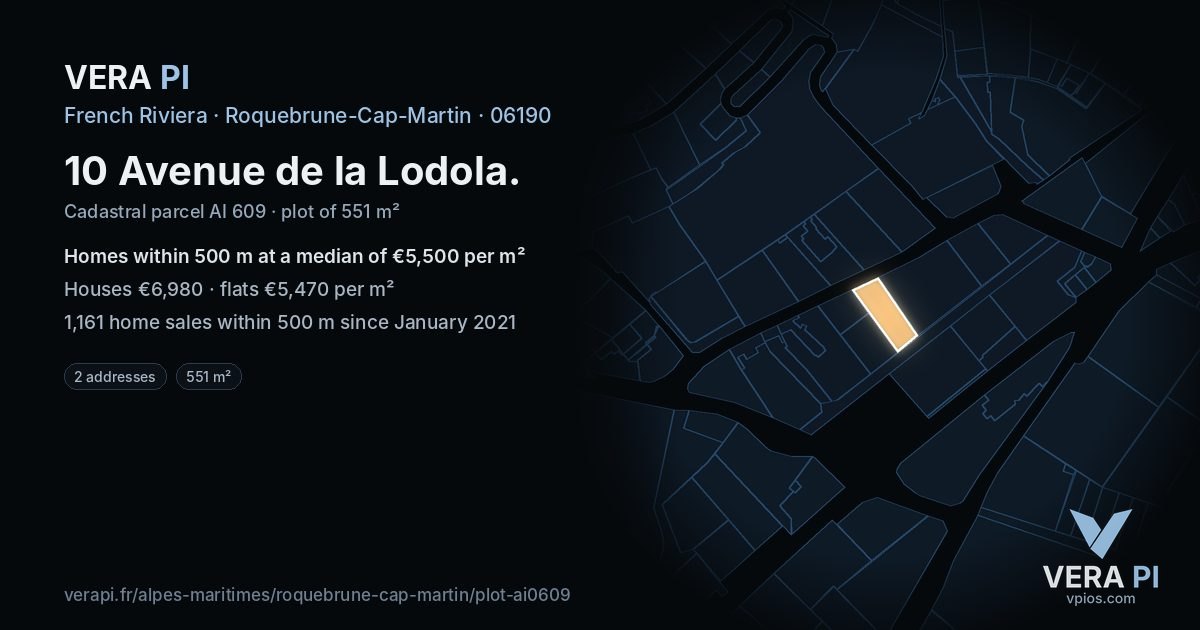 10 Avenue de la Lodola, Roquebrune-Cap-Martin at night – the plot lit, the parcels around coloured by the prices near them