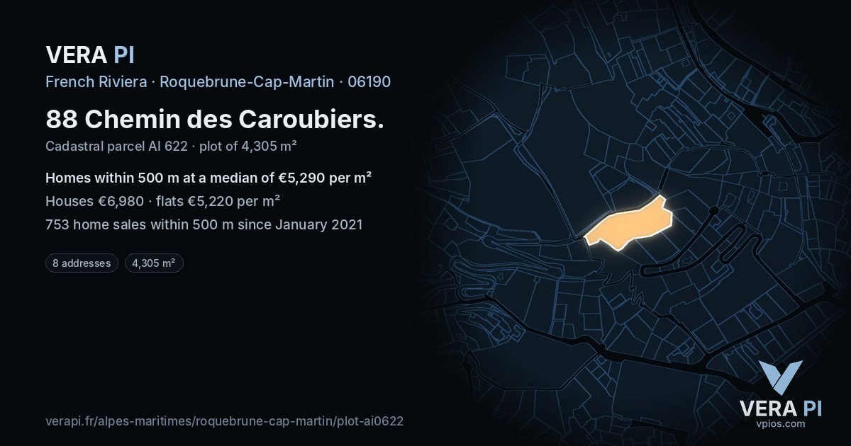 88 Chemin des Caroubiers, Roquebrune-Cap-Martin at night – the plot lit, the parcels around coloured by the prices near them