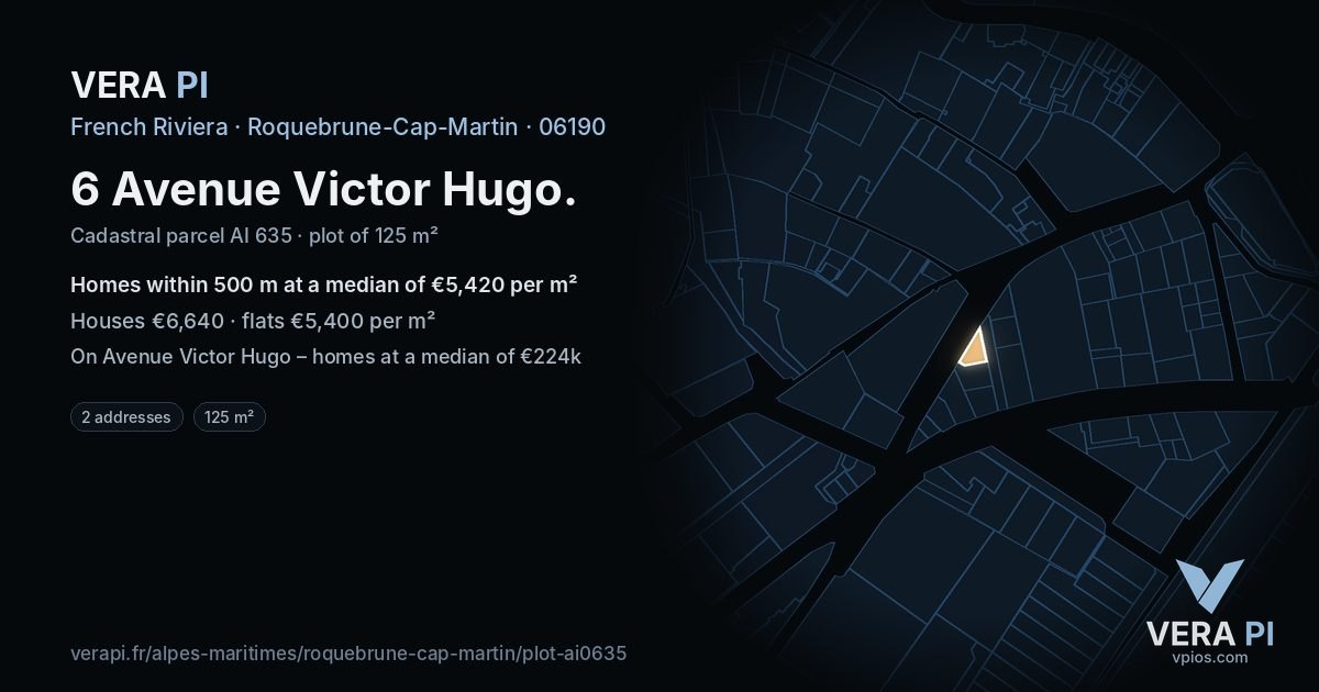 6 Avenue Victor Hugo, Roquebrune-Cap-Martin at night – the plot lit, the parcels around coloured by the prices near them