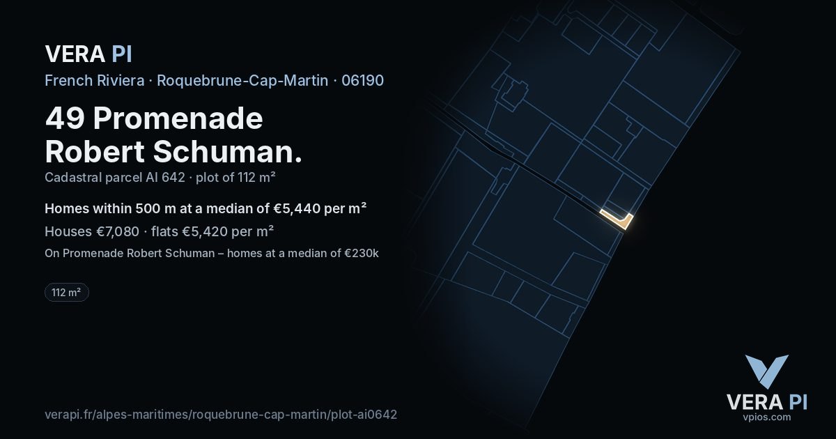 49 Promenade Robert Schuman, Roquebrune-Cap-Martin at night – the plot lit, the parcels around coloured by the prices near them
