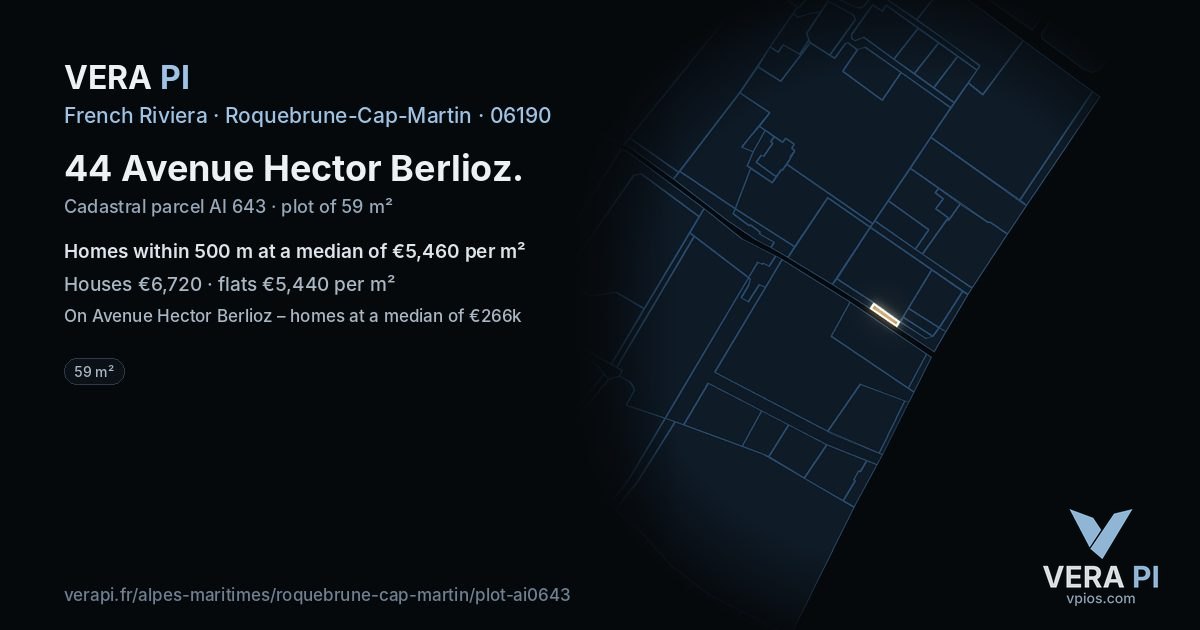 44 Avenue Hector Berlioz, Roquebrune-Cap-Martin at night – the plot lit, the parcels around coloured by the prices near them
