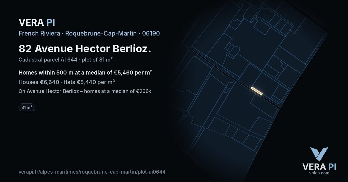 82 Avenue Hector Berlioz, Roquebrune-Cap-Martin at night – the plot lit, the parcels around coloured by the prices near them