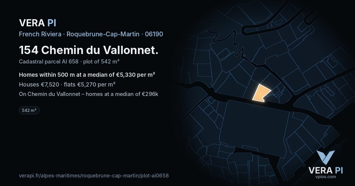 154 Chemin du Vallonnet, Roquebrune-Cap-Martin at night – the plot lit, the parcels around coloured by the prices near them